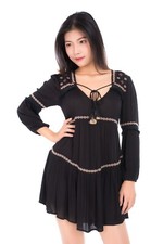 Womens Casual Bohemian Tunic dress Deep V-neck Embroidered 