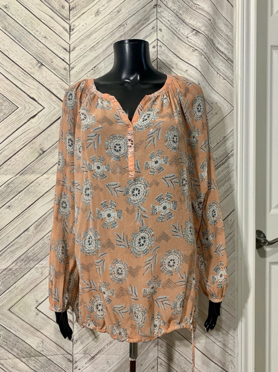 Lucky Brand Peach Long Sleeve 100 Silk Floral Sheer Waist Tie Light Blouse 2X