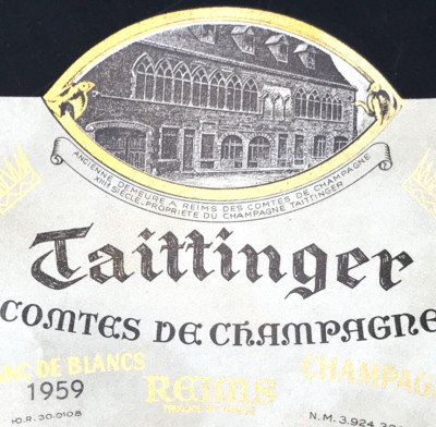 VTG 1959 Taittinger Reims Comtes de Champagne Blanc de Blancs Wine Bottle Label