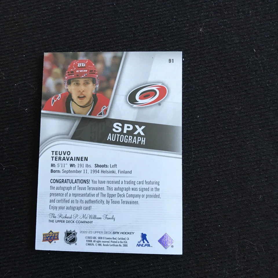 2022-23 Upper Deck SPX Teuvo Teravainen Autograph Auto #91 Hurricanes - Image 2 of 2