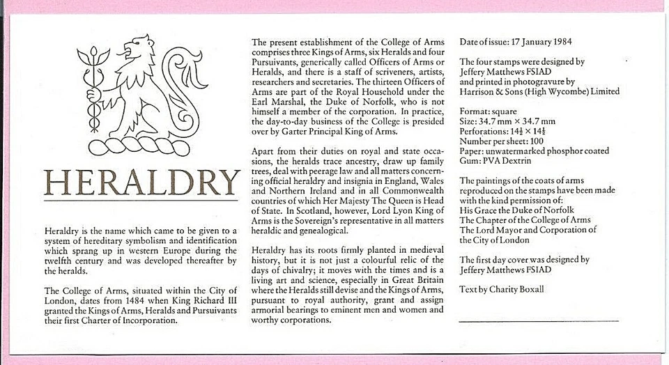 ROYAL MAIL 1984 Pair FDC's - HERALDRY - Gutter Pairs - Fdi London WC - Image 2 of 2