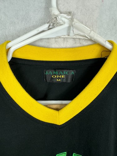 Jamaica V Neck T Shirt Striped Men Medium Short Sleeve Soccer Flag Patch Black - Picture 3 of 6