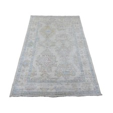 4'x6' Pearl White Hand Knotted Afghan Angora Oushak Leaf Pattern Wool Rug R20755