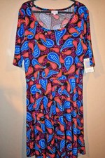 LuLaRoe 2XL Nicole Dress Fit & Flare Pink Blue Paisley