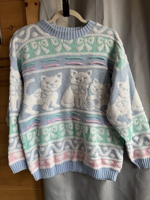 Vintage 80s Pastel Knit Sweater Cat Kitten Animal Cute ROSE Fairy Grandma L/XL
