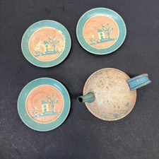 Old Early Tin Toy Metal tea-set pieces teapot 3 plates Blue Pink