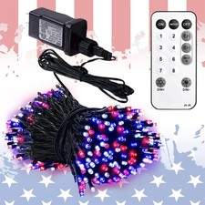Red White Blue LED String Lights 105ft 300 LEDs 8 Modes Timer Waterproof Indoor/
