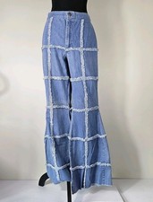 70s SZ 13 WINDOWPANE Patchwork Jeans Frayed Seams TALON Zipper 26" BELLBOTTOMS