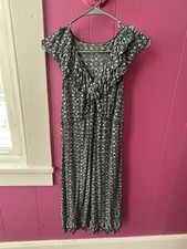 Boden jersey maxi dress with a blue and white geometric pattern and cap sleeves