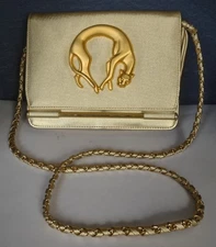 NIMA Gold Lame HANDBAG Crossbody ~ Gold Panther ~ Braided Strap ~ Brass Hardware