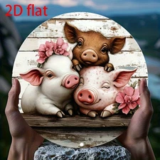 Vintage Tin Metal Sign Rustic Three Pigs in Peace Round Wall Art 8x8