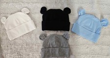 Set of 4 Knit Baby Beanie Hats with Bear Ears, 0-12 mths White Black Blue Gray