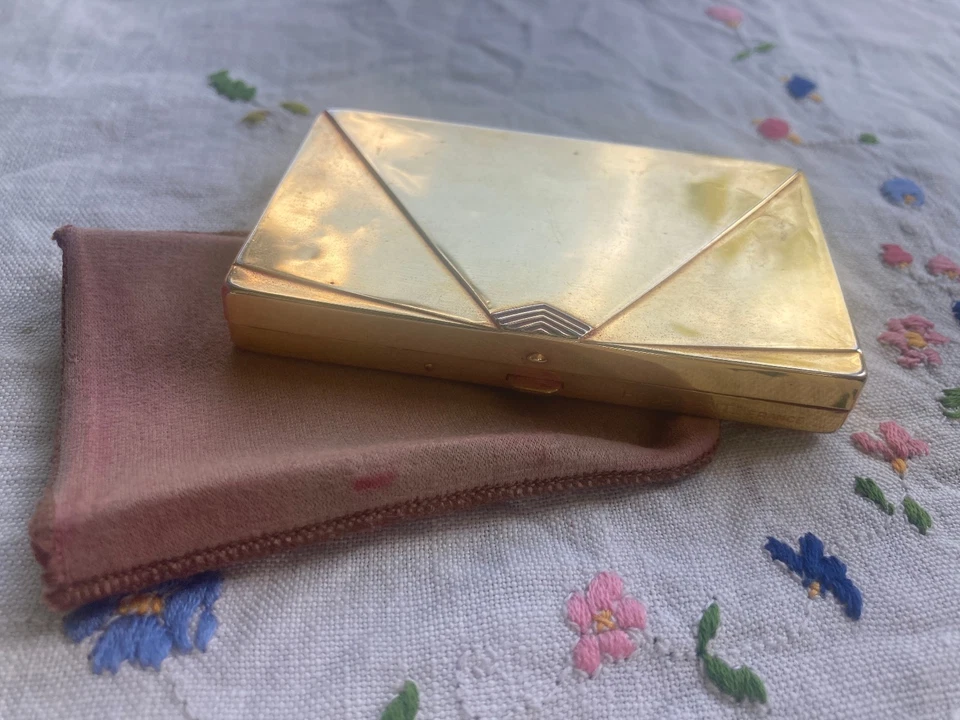Ancien poudrier de sac doré Houbigant forme originale pochette lettre minaudière - Photo 2/4