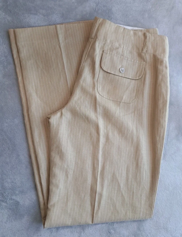Pantalones para mujer cinta métrica beige a rayas mezcla de lino oficina carrera estilo 10 Foto 2 de 4