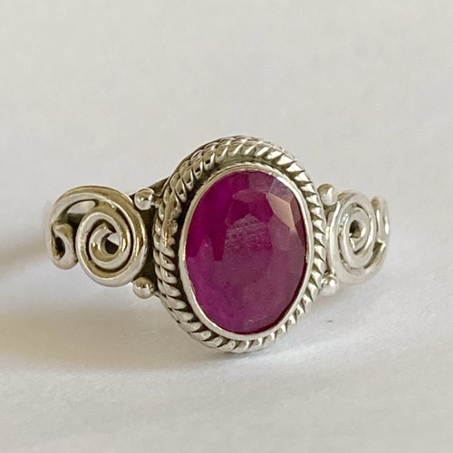Sterling 925 Silver Pink Cut Ruby Oval Cut Stone Boho Ethnic Ring Size L 52 - Picture 1 of 6