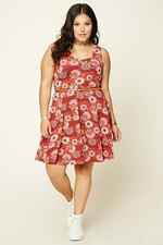 Forever 21 Plus Size Rust Cream Belted Floral Dress Skater Knit 1X/2X