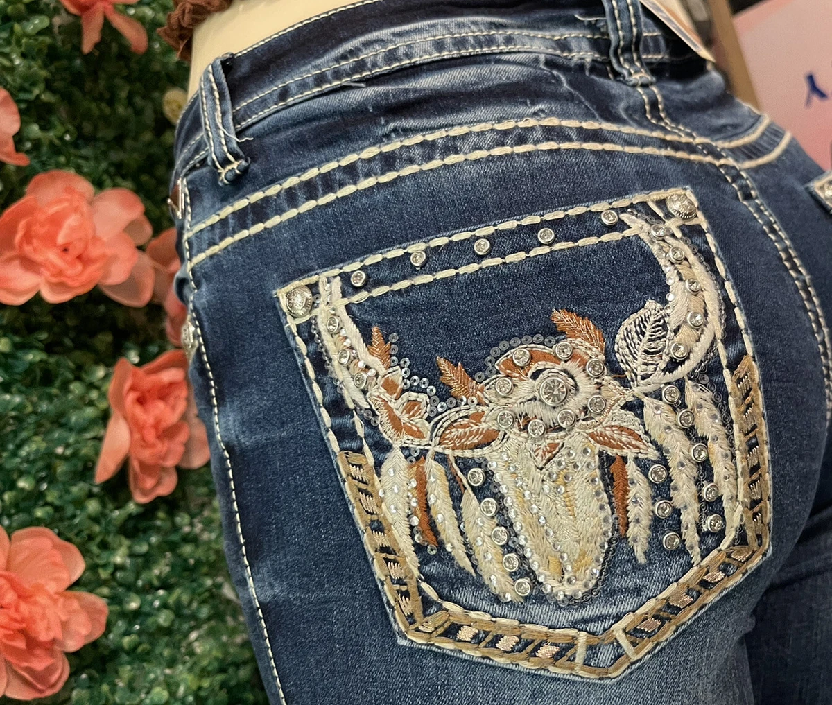 Woman Rhinestone Jeans Embroidered High Waisted Bootcut Jeans Size