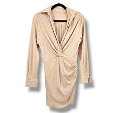 GALITA Mini Dress Shirt Dress Long Sleeve Twist Front Collared Beige M