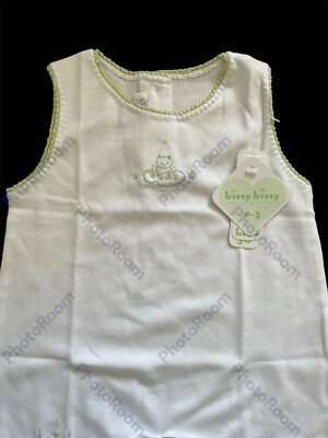 Kissy Kissy Premier NWT Wht/Grn Embroidered Crocheted Sleeveless Romper-0-3Mos
