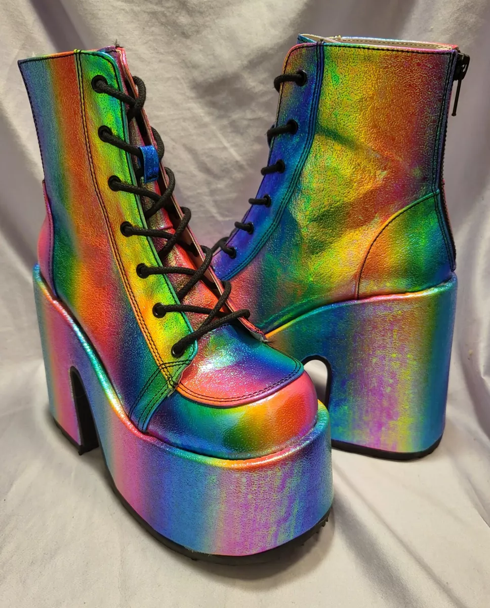 Demonia CAMEL 203 Vegan Iridescent Rainbow Platform Lace Up Boots Women s Size 7
