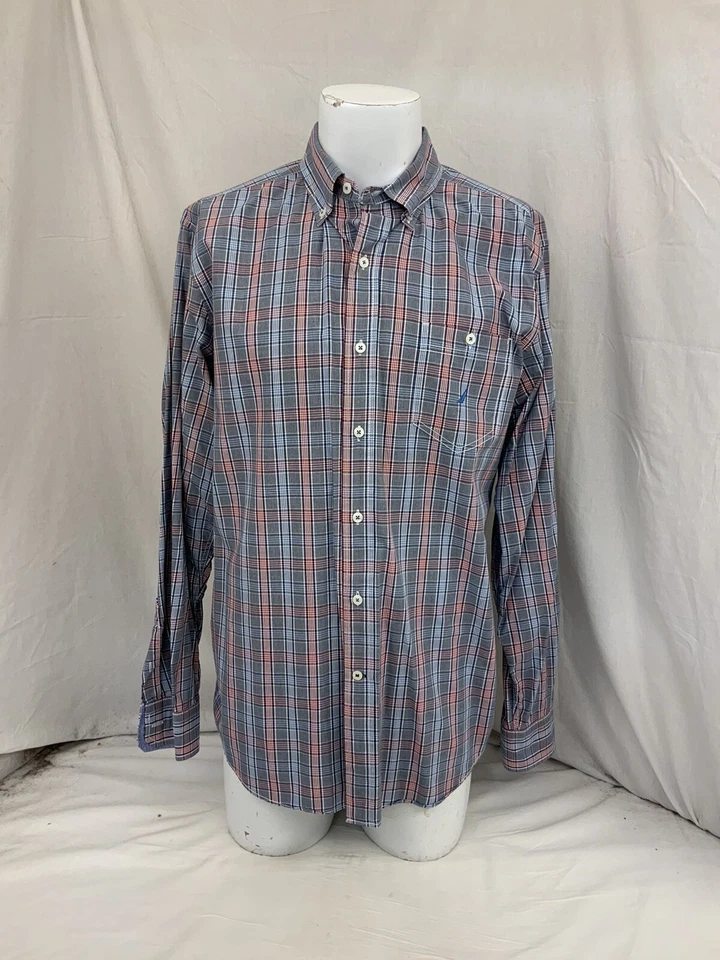 Nautica Dress Shirt Men's Large Button Front Blue Red Plaid Cotton YGI N2-495 - Image 2 of 4