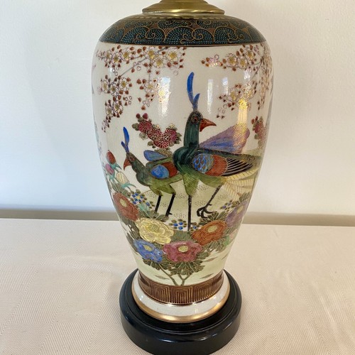 VTG Satsuma Style Peacock Pond & Floral Crackle Glaze Brass Wood Base LARGE Lamp - Picture 3 of 12