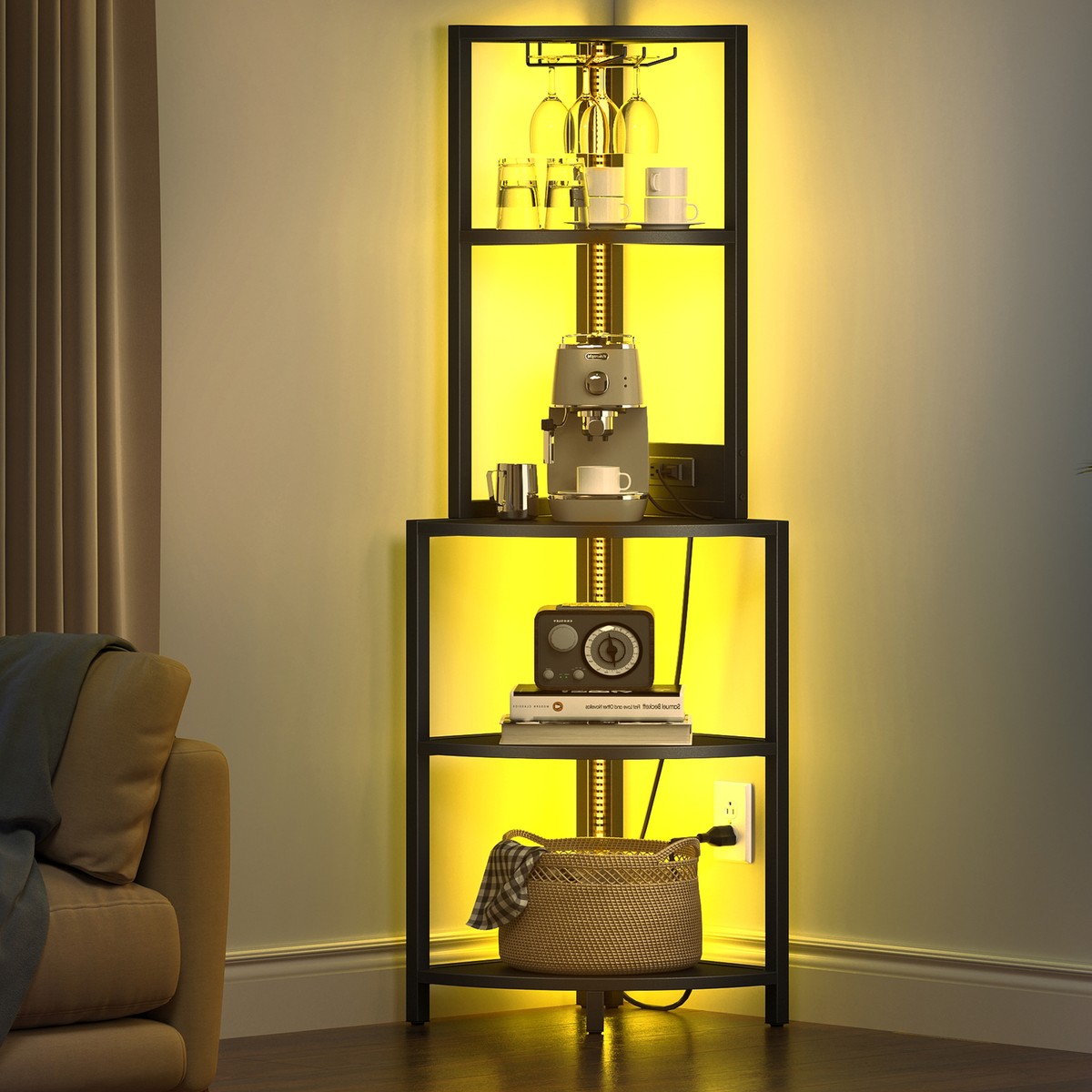 Corner Shelf with Power Outlets & LED Lights Bookshelf