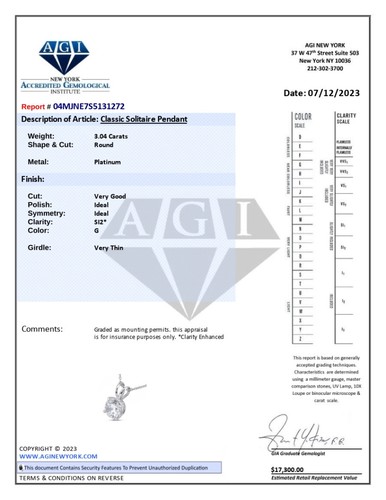 Klassischer Solitär-Anhänger 3,04 kt G SI2 runder natürlicher zertifizierter Diamant Platin - Bild 3 von 5