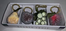 Beaded Fruit Set of 4 NAPKIN RINGS Assorted "Sugared" fruit