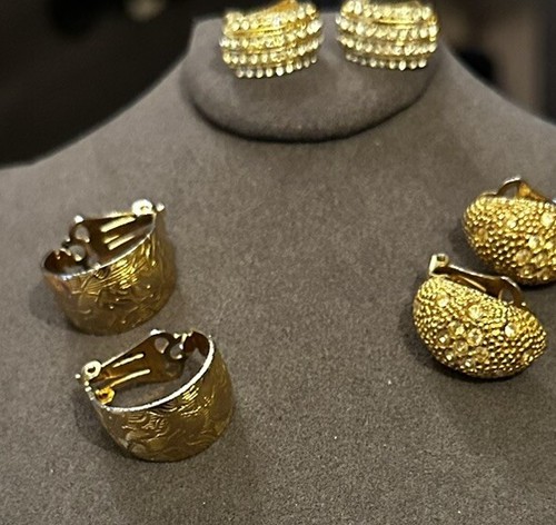 3 Pairs Vintage Clip On Earrings Gold Tone Cubic Zirconia Sparkly Costume Jewels - Picture 3 of 4
