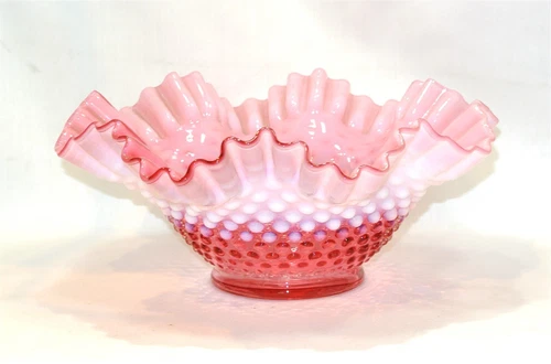 Fenton Art Glass CRANBERRY Opalescent Hobnail Bowl 9 1/2 inches Vintage