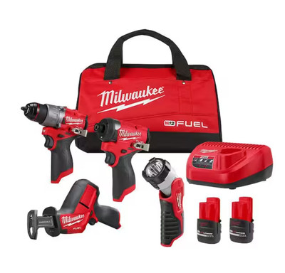 New Milwaukee M12 FUEL  Combo Kit (4-Tool) with Two 2.5ah Batteries Charger Bag