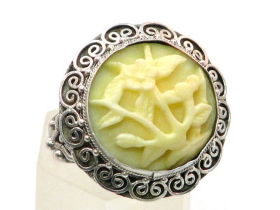 Älteres Silber Ring China Silver mit geschnitztem Speckstein Soapstone um 1900