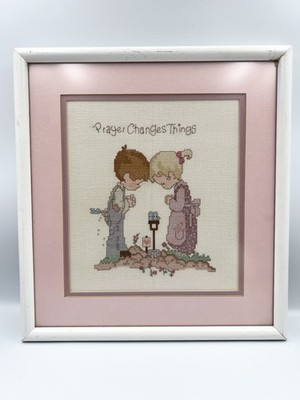 Vintage Cottagecore PRECIOUS MOMENTS Cross Stitch Framed ''Prayer Changes Things''