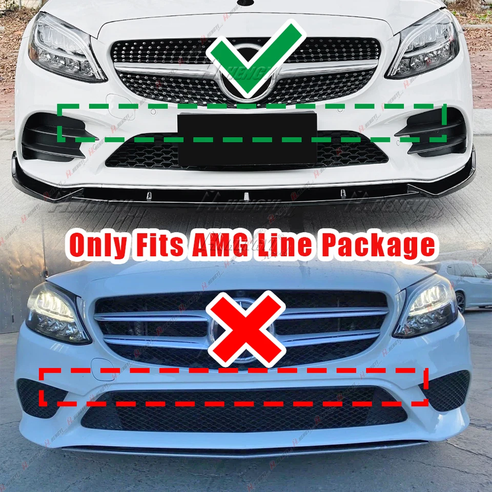 For Mercedes Benz W205 AMG 2019-2022 Front Spoiler Lip Splitter GLOSSY BLACK - Image 2 of 4