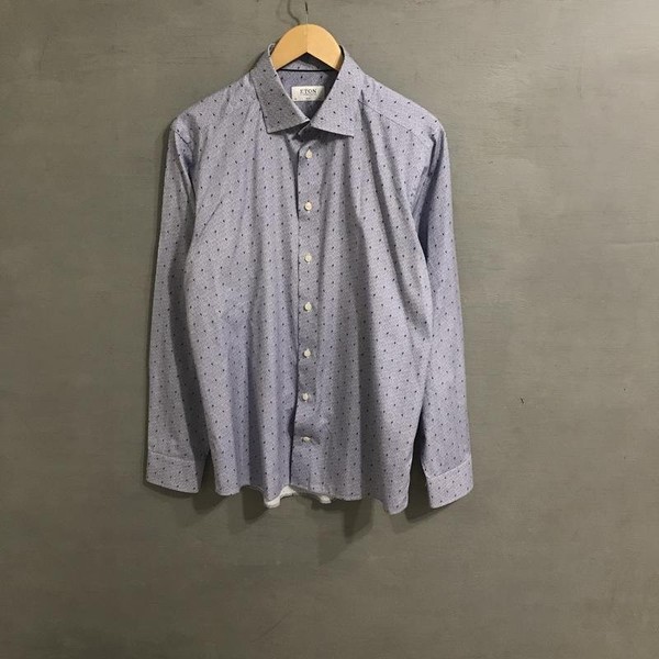 Men Eton Shirt Navy Cotton L