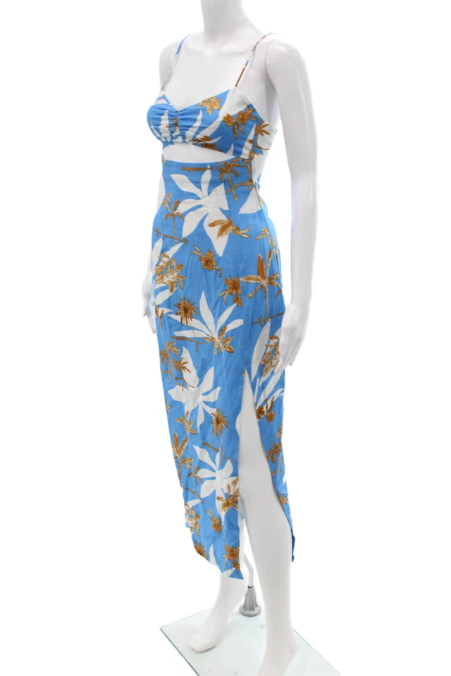 Maxi Vestido Zara Mujer Sin Mangas Floral Azul Lino Viscosa Cremallera Sin Mangas Talla XS Foto 2 de 4