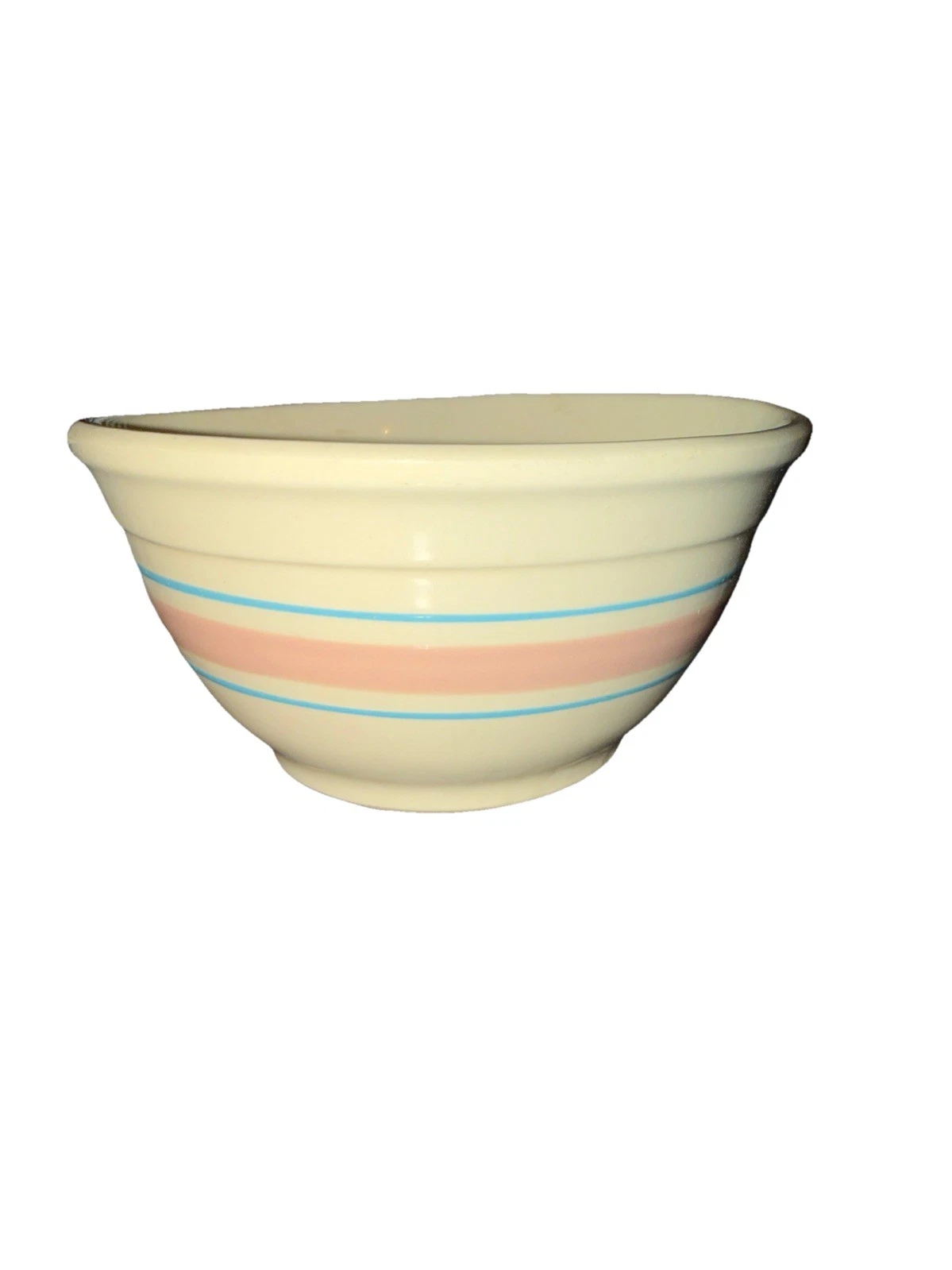 Vintage McCoy 8" Oven Proof Mixing Bowl Pink Blue Stripes USA Stoneware Pottery