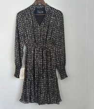 Just Taylor Dress XS Black White Print Smocked Waist Long Sleeve