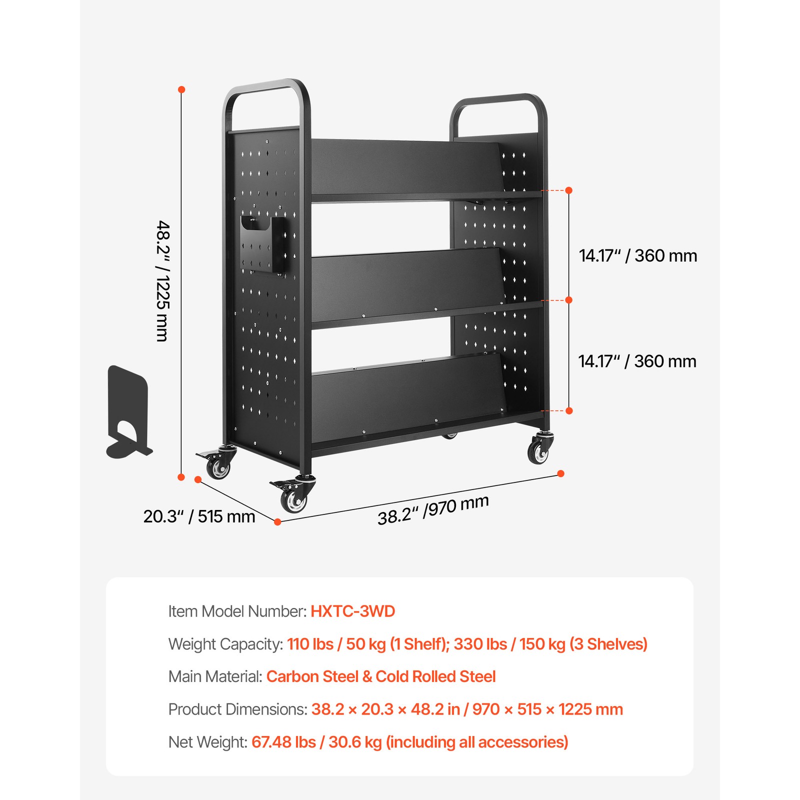 3-Tier Rolling Book Cart Double Sided W-Shaped Shelves Book Truck in Black