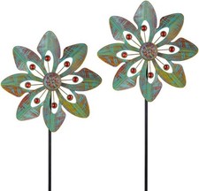 2 Pack Wind Spinners Outdoor Metal Wind Spinner W/ Flower Design for Yard Garden