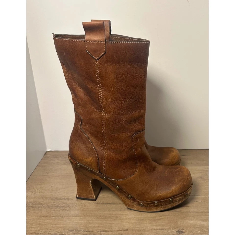 Botas de Colección Años 90 MIA Cuero Marrón Gruesas Plataforma Madera Tacón Bloque Talla 8 Foto 4 de 4