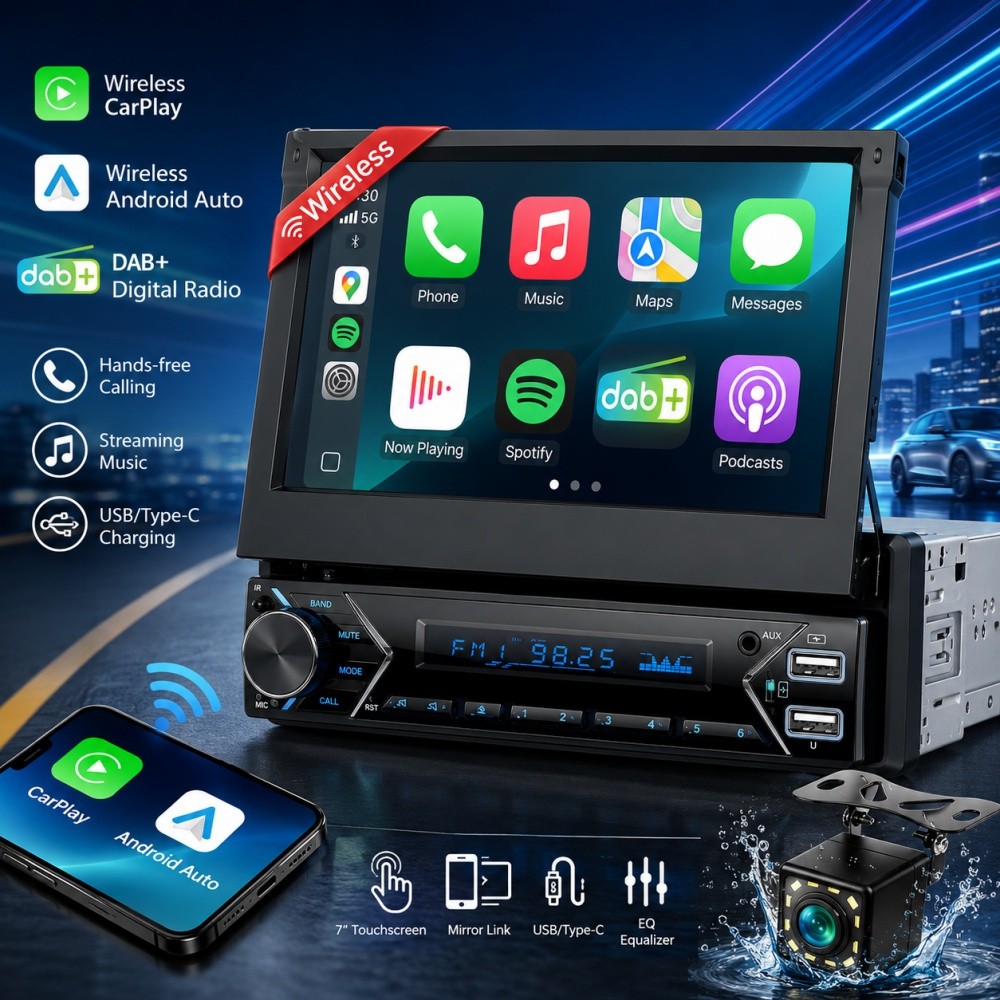 Autoradio Flip Out Elettrica 1 DIN 7" con DAB+ Wireless Carplay Android Auto