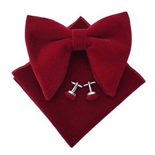 Men Dark Red Velvet Pre-Tied Adjustable Bow Tie Pocket Square Cufflink Tie Set