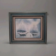1979 Acrylic On Canvas Ocean Fishing Vessels Blues Signed Framed Art 21"Lx18"H