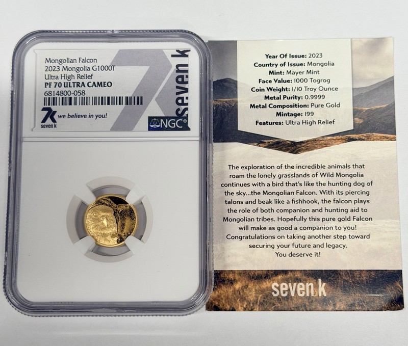 2023 Mongolia G1000T Mongolian Falcon 1/10oz Gold Ultra High Relief NGC PF70