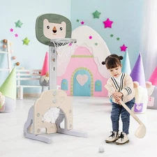 NNECW 3-In-1 Children's Playground with Height-Adjustable Basketball Stand Green