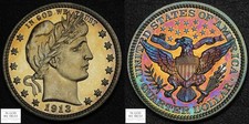 1913 PROOF Barber Silver Quarter 25C PR PF (GORGEOUS REVERSE RAINBOW TONING!)