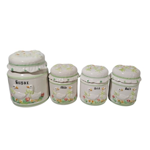 Vtg Country Geese Goose Green Ceramic Kitchen Canister Set 4 Sugar Salt Tea Milk - Picture 2 of 23
