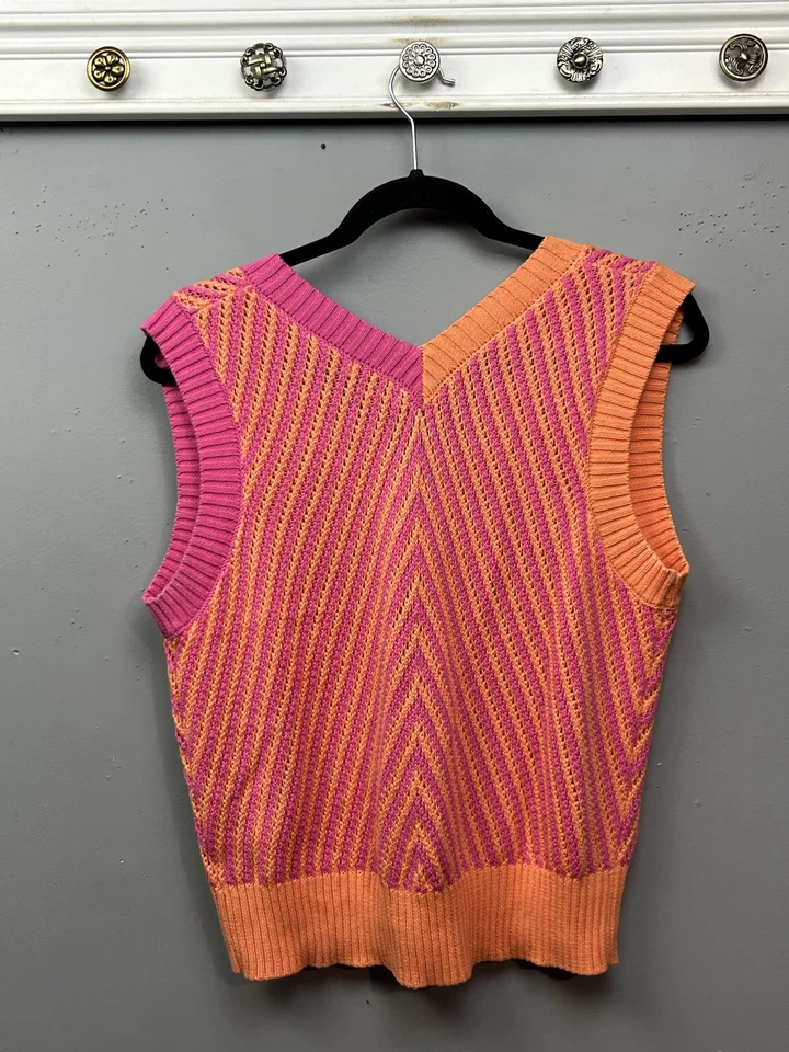 Conjunto de chaleco y falda suéter Fate para mujer pequeño rosa naranja tejido Chevron cuello en V mini Foto 2 de 4